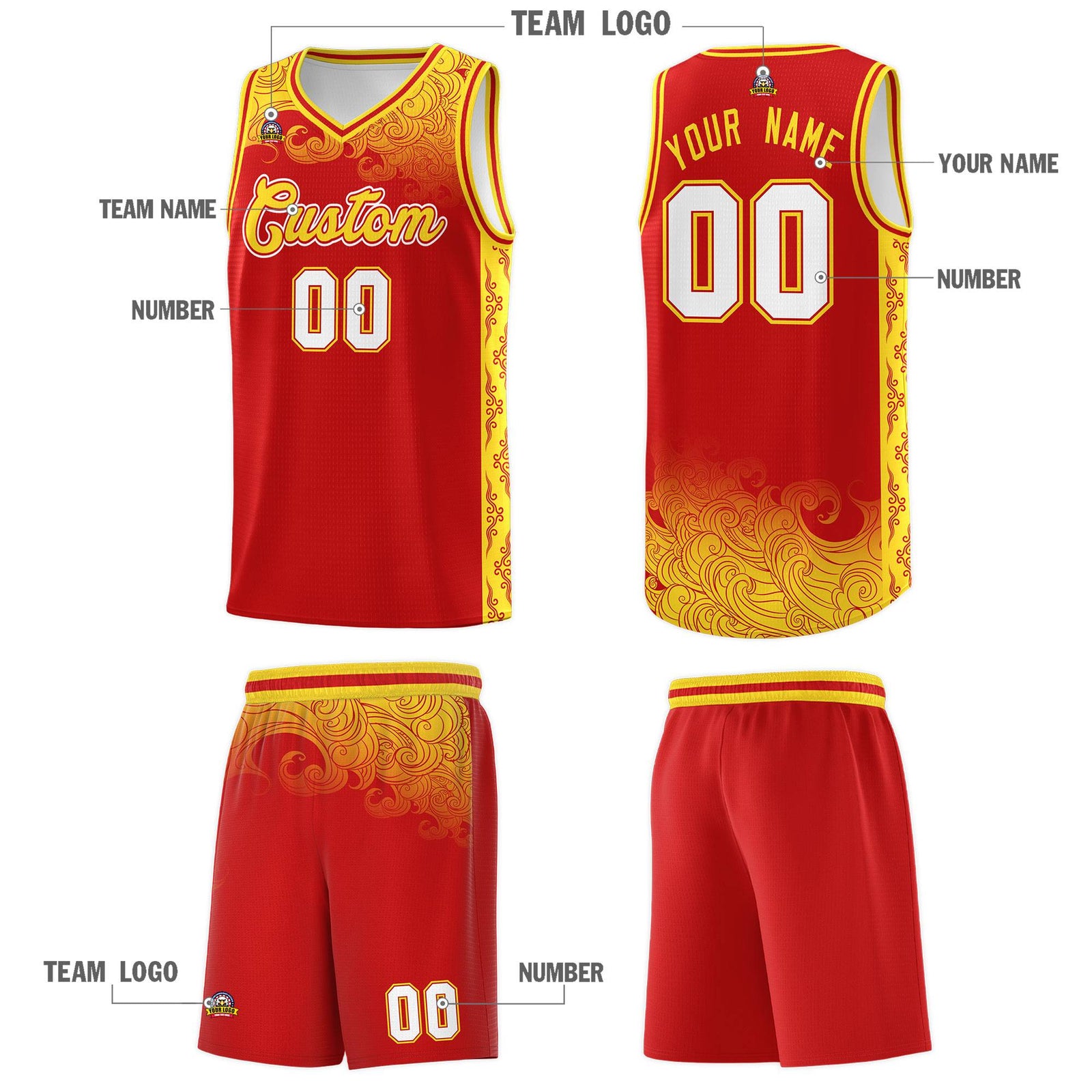 Custom Red Personalized Cloud Pattern Sports Sets Uniform Basketball Jersey