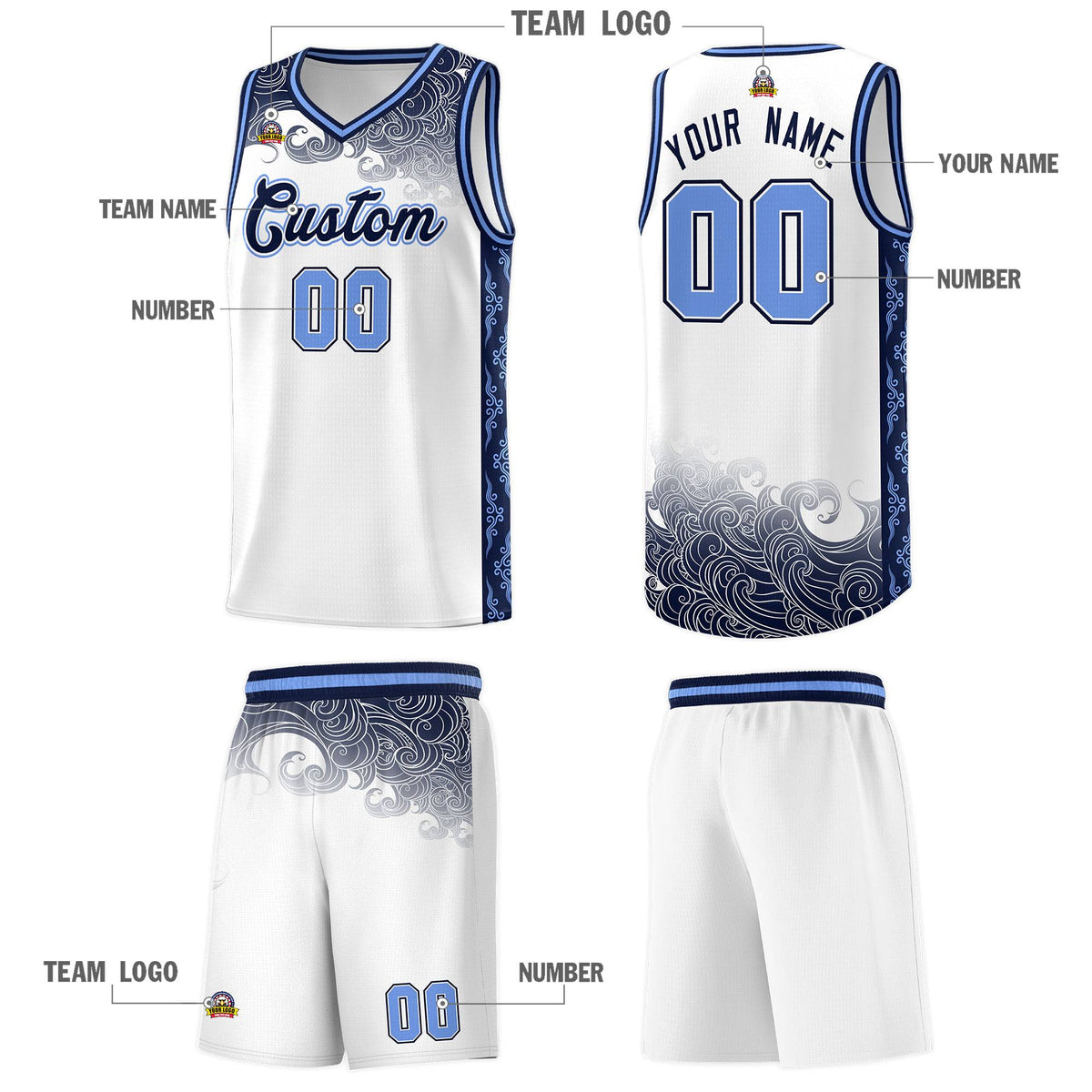 Custom White Personalized Cloud Pattern Sports Sets Uniform Basketball Jersey