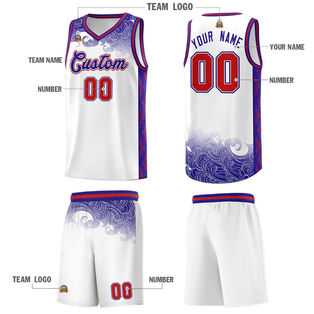 Custom White Personalized Cloud Pattern Sports Sets Uniform Basketball Jersey
