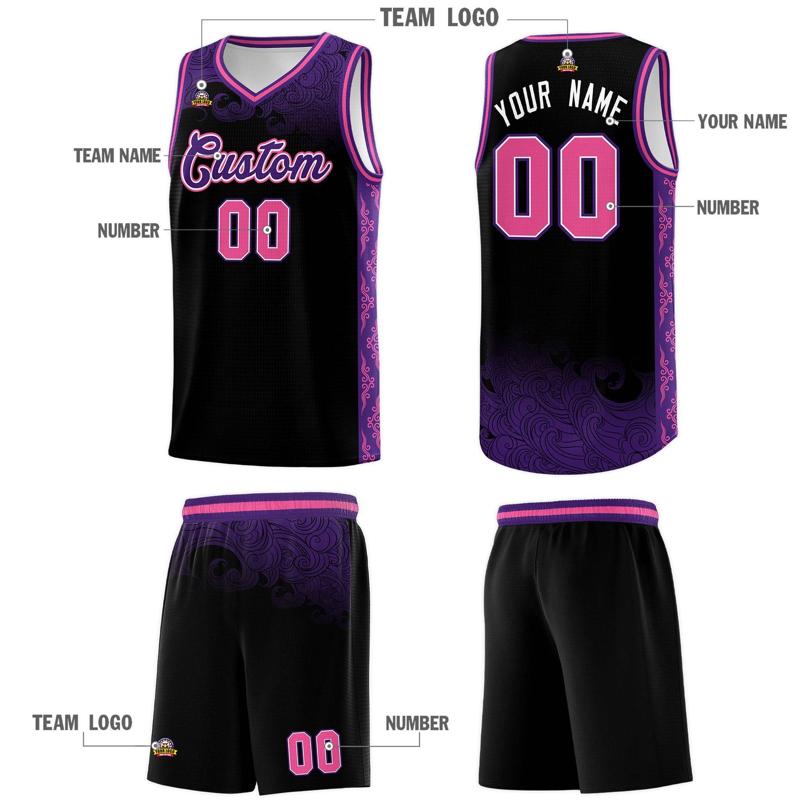 Custom Black Personalized Cloud Pattern Sports Sets Uniform Basketball Jersey