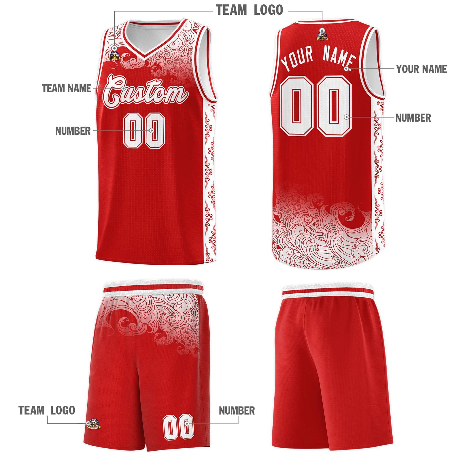 Custom Red Personalized Cloud Pattern Sports Sets Uniform Basketball Jersey