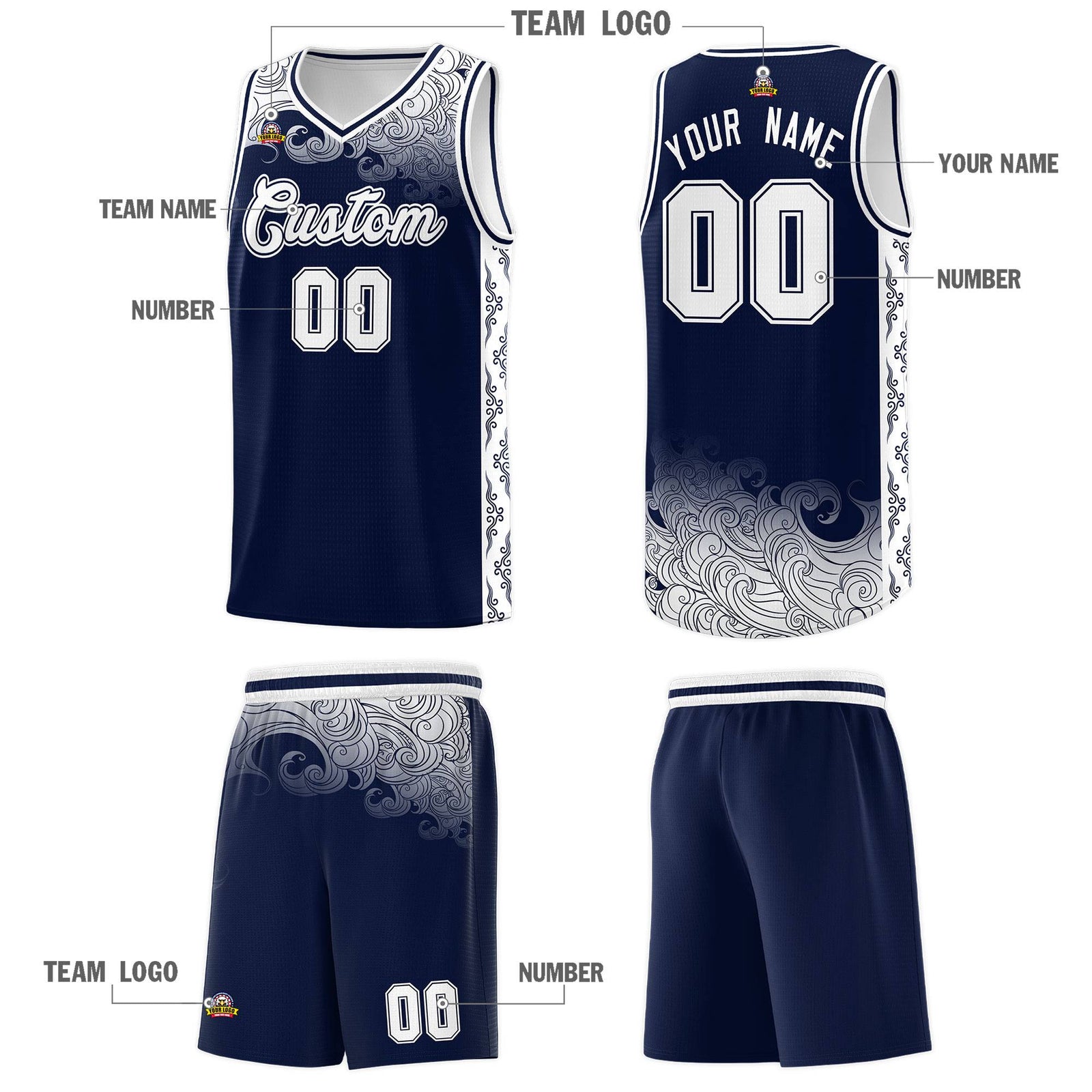 Custom Navy Personalized Cloud Pattern Sports Sets Uniform Basketball Jersey
