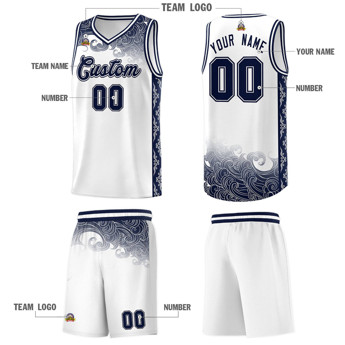 Custom White Personalized Cloud Pattern Sports Sets Uniform Basketball Jersey
