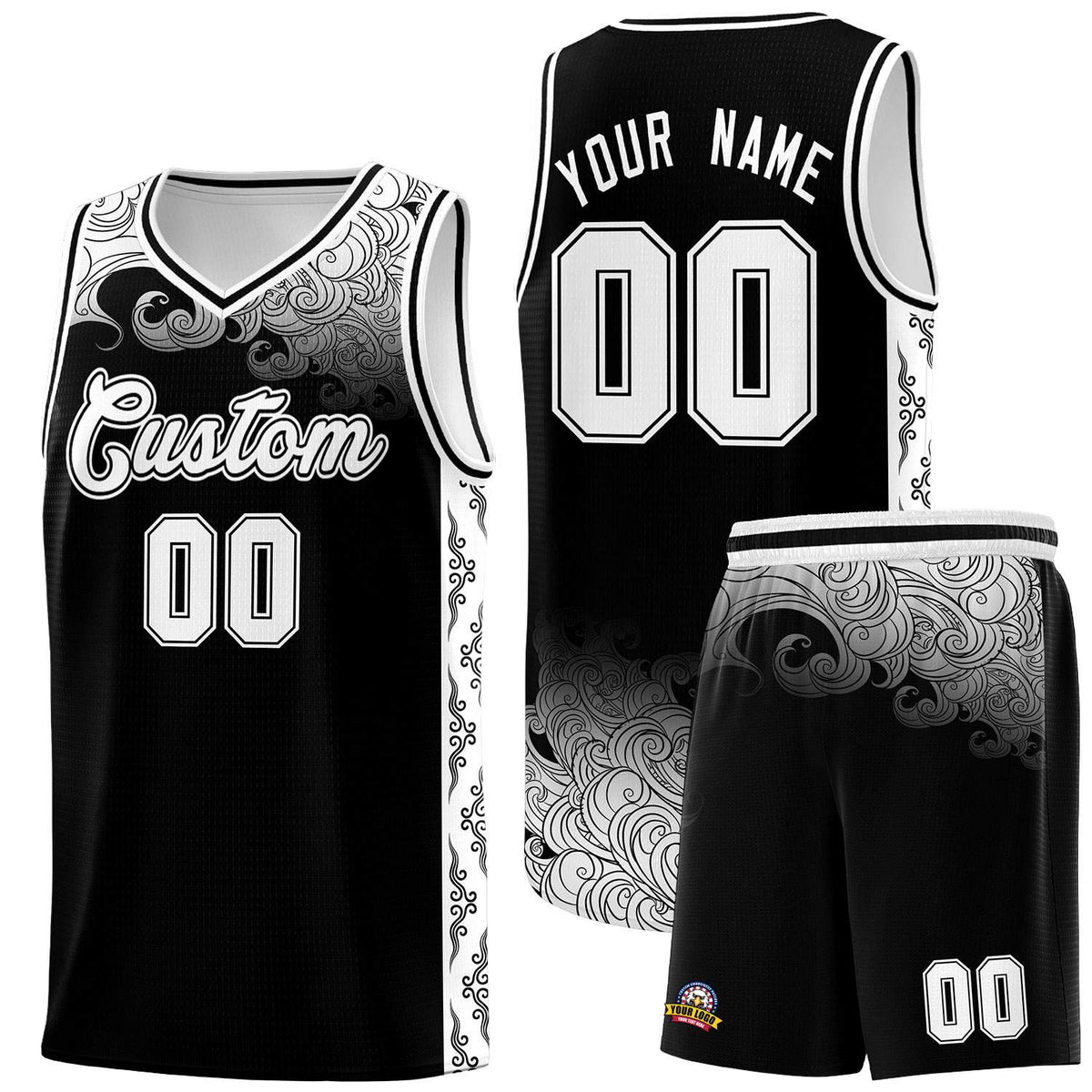 Custom Black Personalized Cloud Pattern Sports Sets Uniform Basketball Jersey