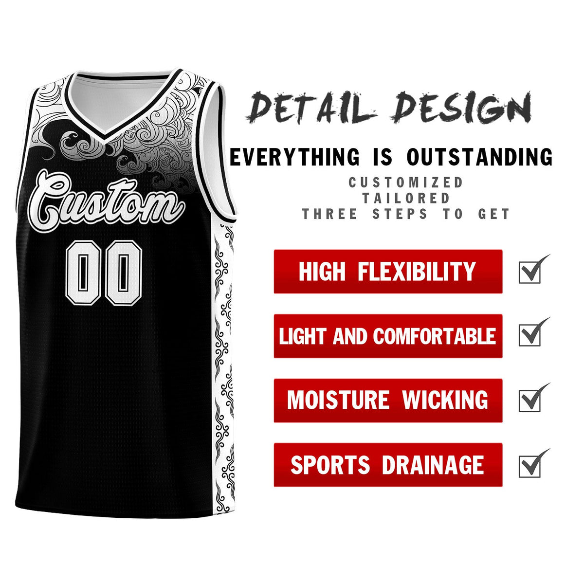 Custom Black Personalized Cloud Pattern Sports Sets Uniform Basketball Jersey