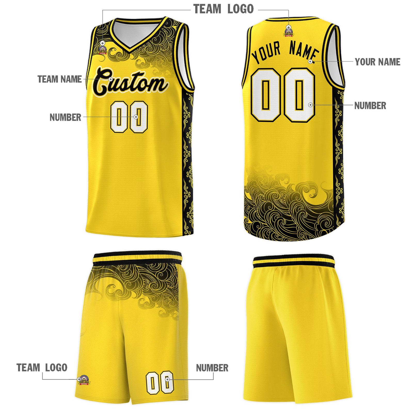 Custom Gold Personalized Cloud Pattern Sports Sets Uniform Basketball Jersey