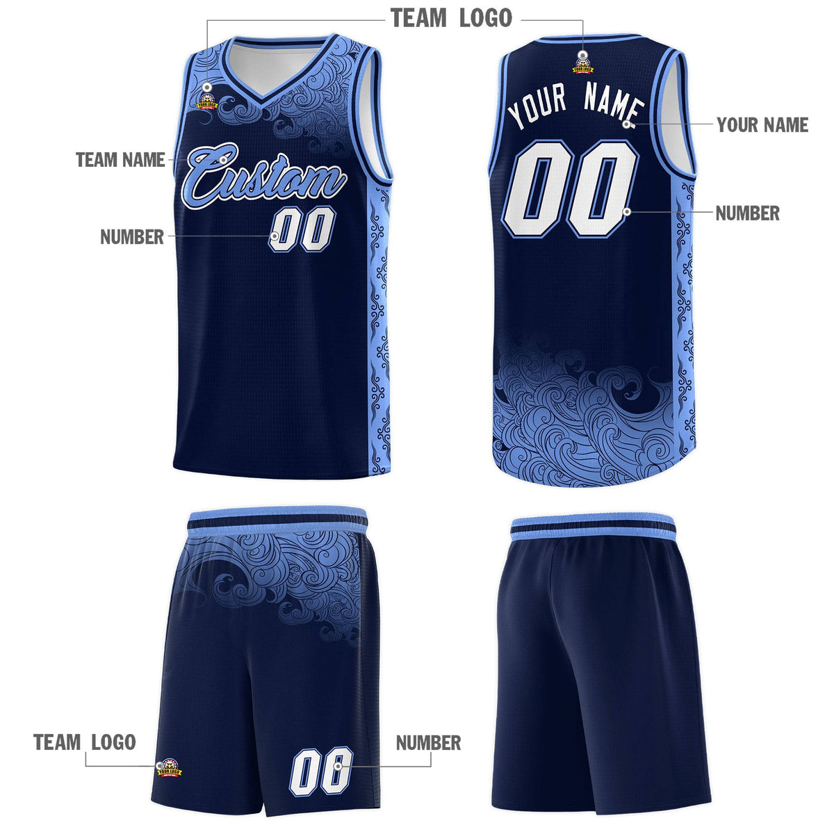 Custom Navy Personalized Cloud Pattern Sports Sets Uniform Basketball Jersey