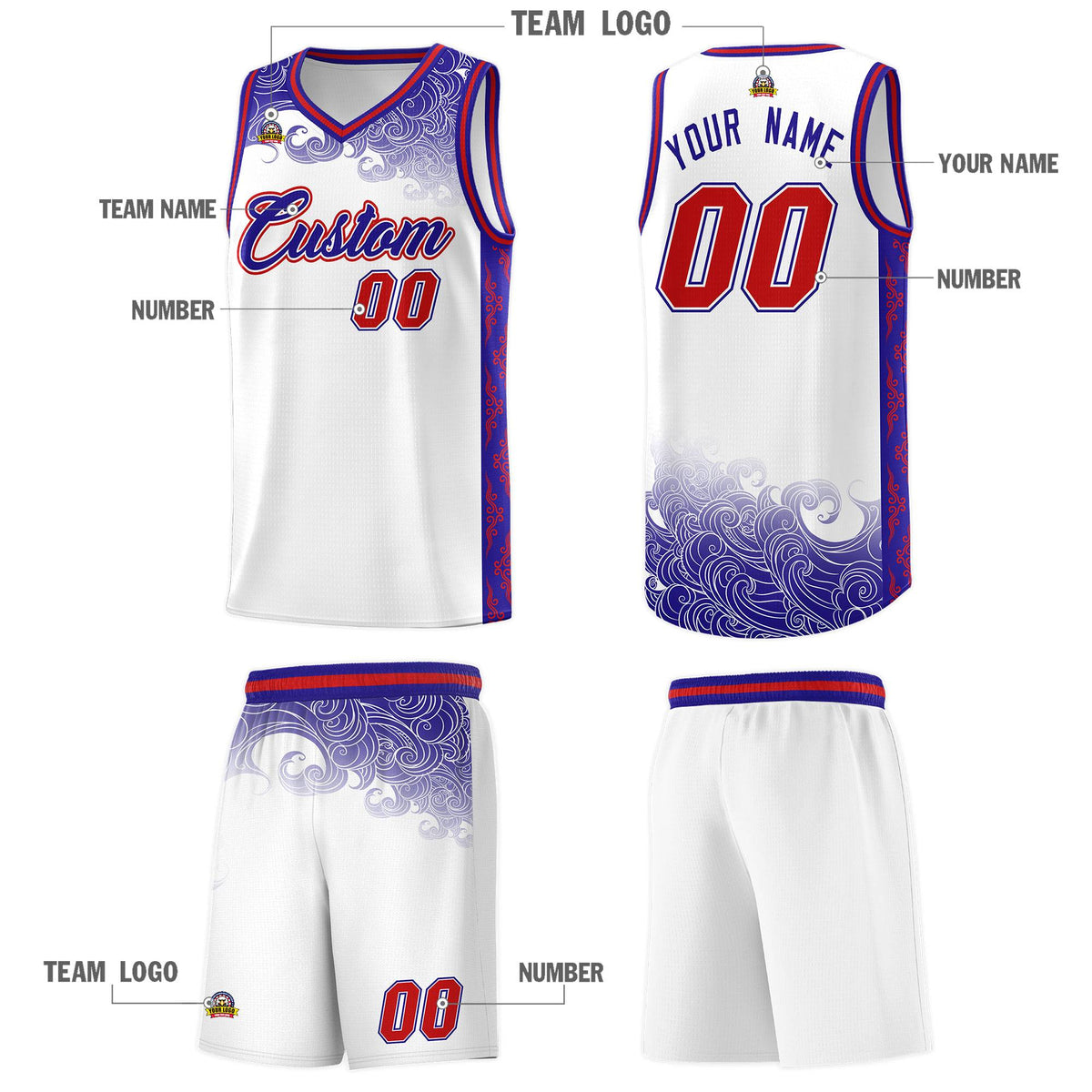 Custom White Personalized Cloud Pattern Sports Sets Uniform Basketball Jersey