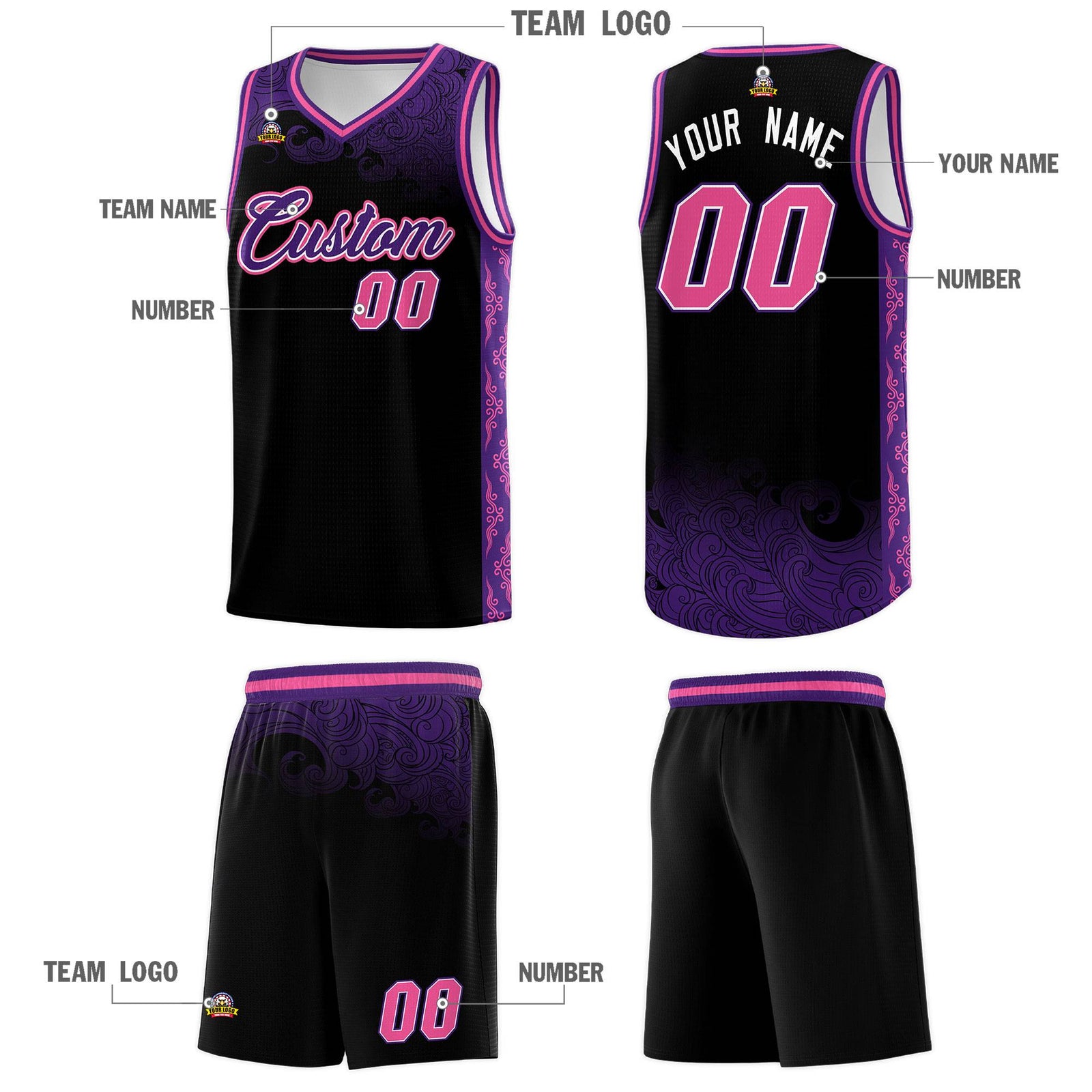 Custom Black Personalized Cloud Pattern Sports Sets Uniform Basketball Jersey