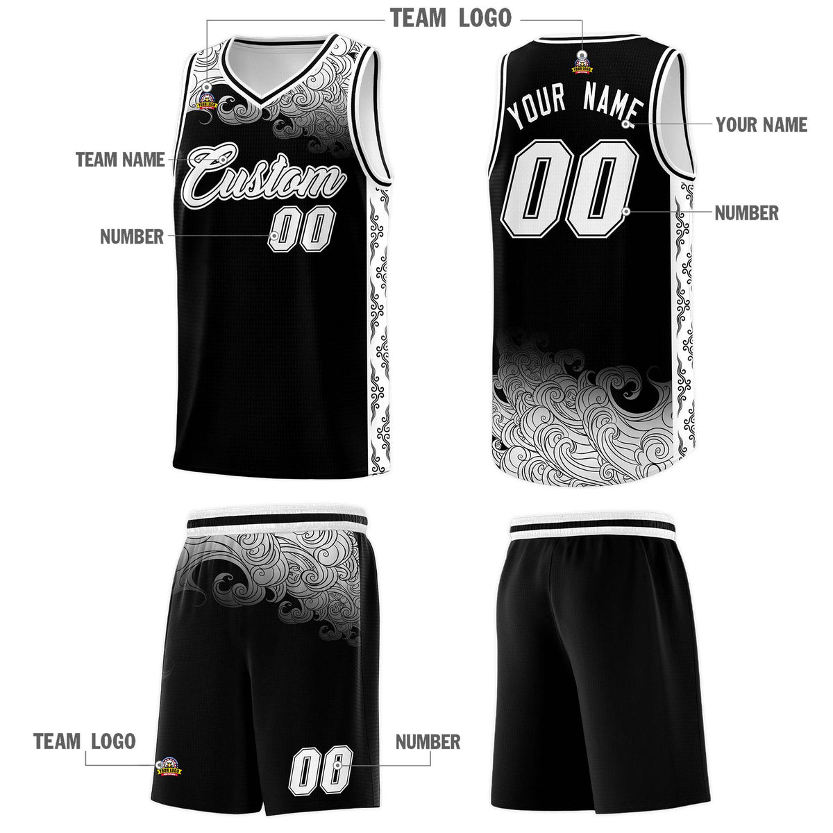 Custom Black Personalized Cloud Pattern Sports Sets Uniform Basketball Jersey