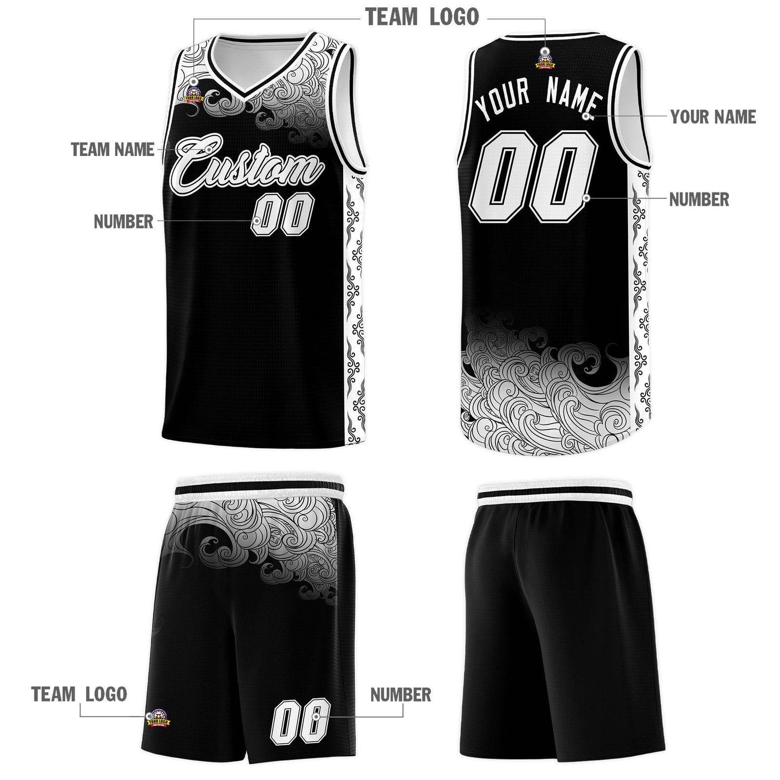 Custom Black Personalized Cloud Pattern Sports Sets Uniform Basketball Jersey