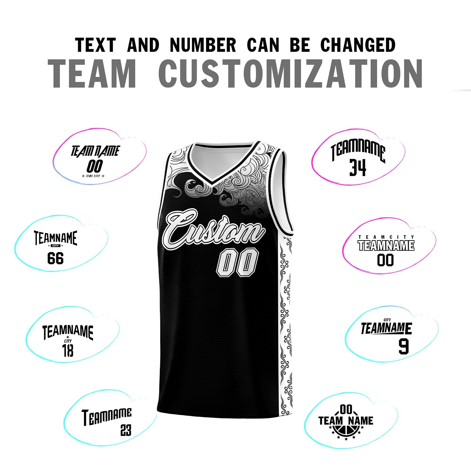 Custom Black Personalized Cloud Pattern Sports Sets Uniform Basketball Jersey