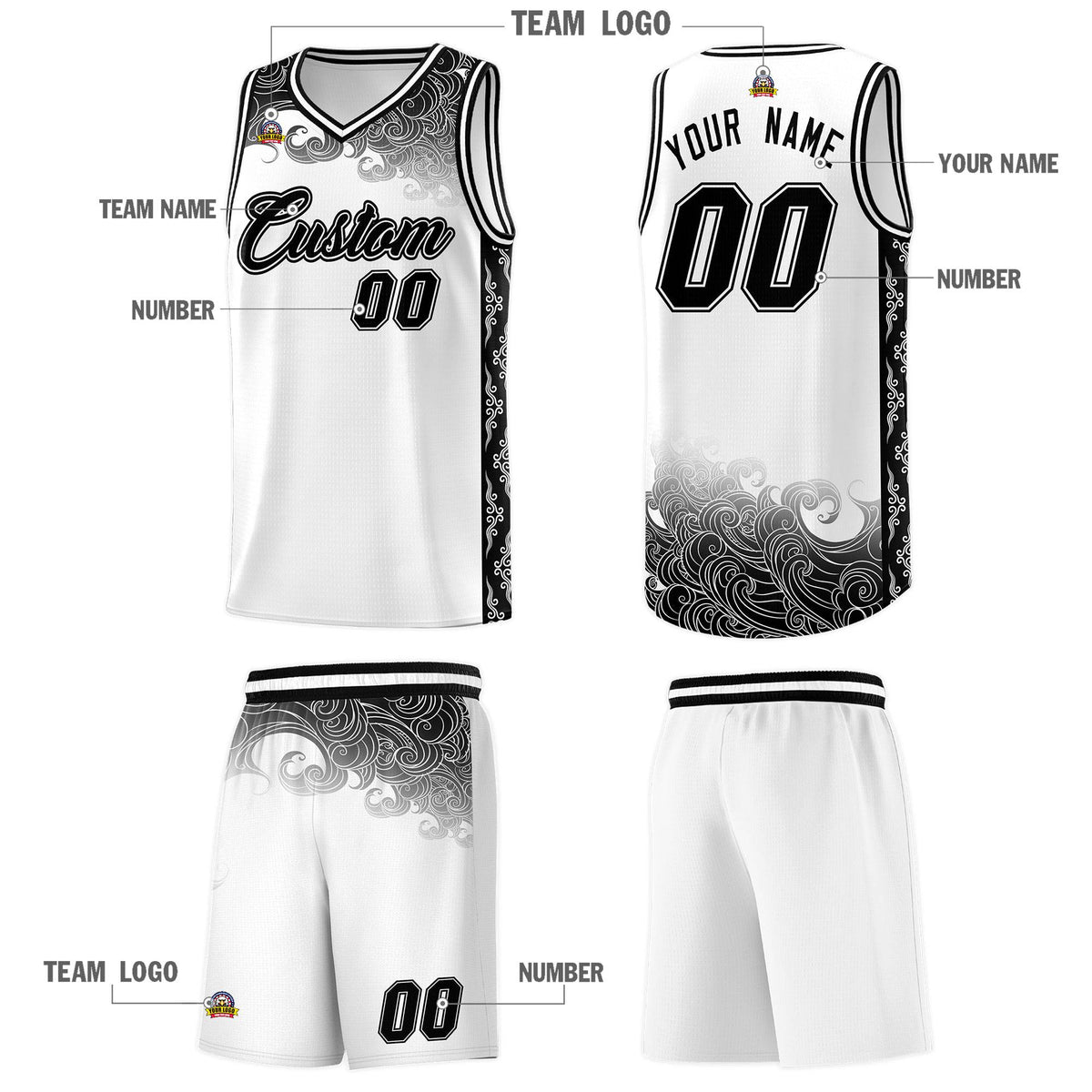 Custom White Personalized Cloud Pattern Sports Sets Uniform Basketball Jersey
