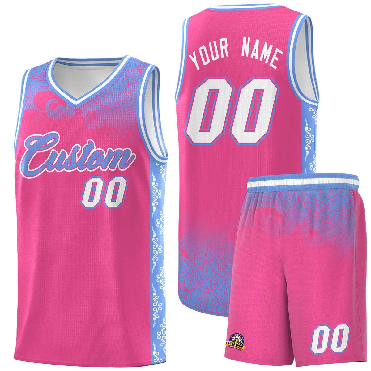 Custom Pink Personalized Cloud Pattern Sports Sets Uniform Basketball Jersey