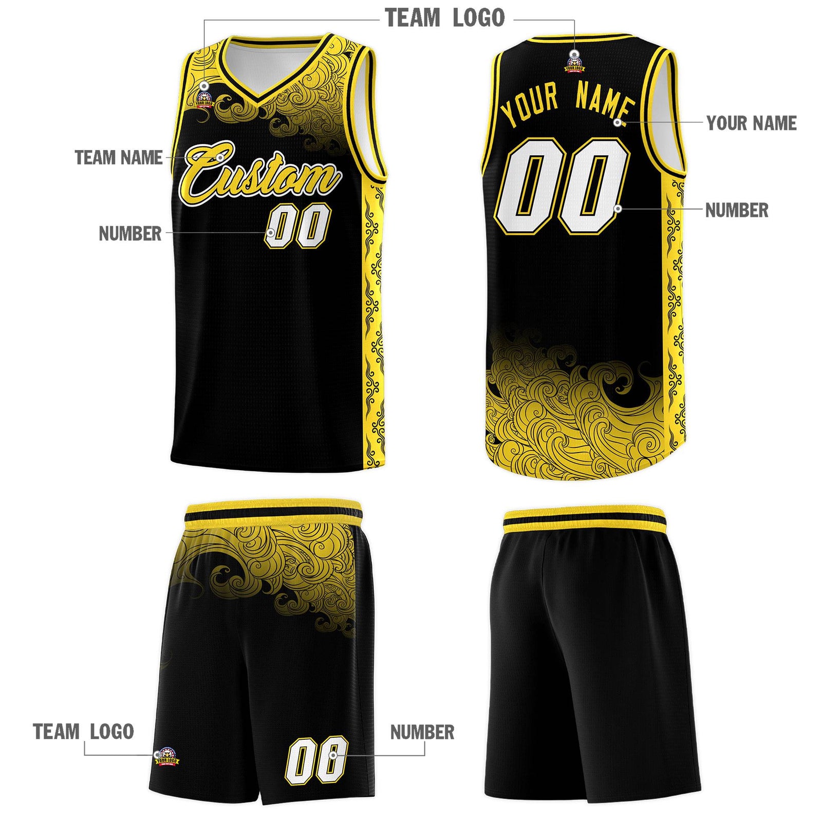 Custom Black Personalized Cloud Pattern Sports Sets Uniform Basketball Jersey