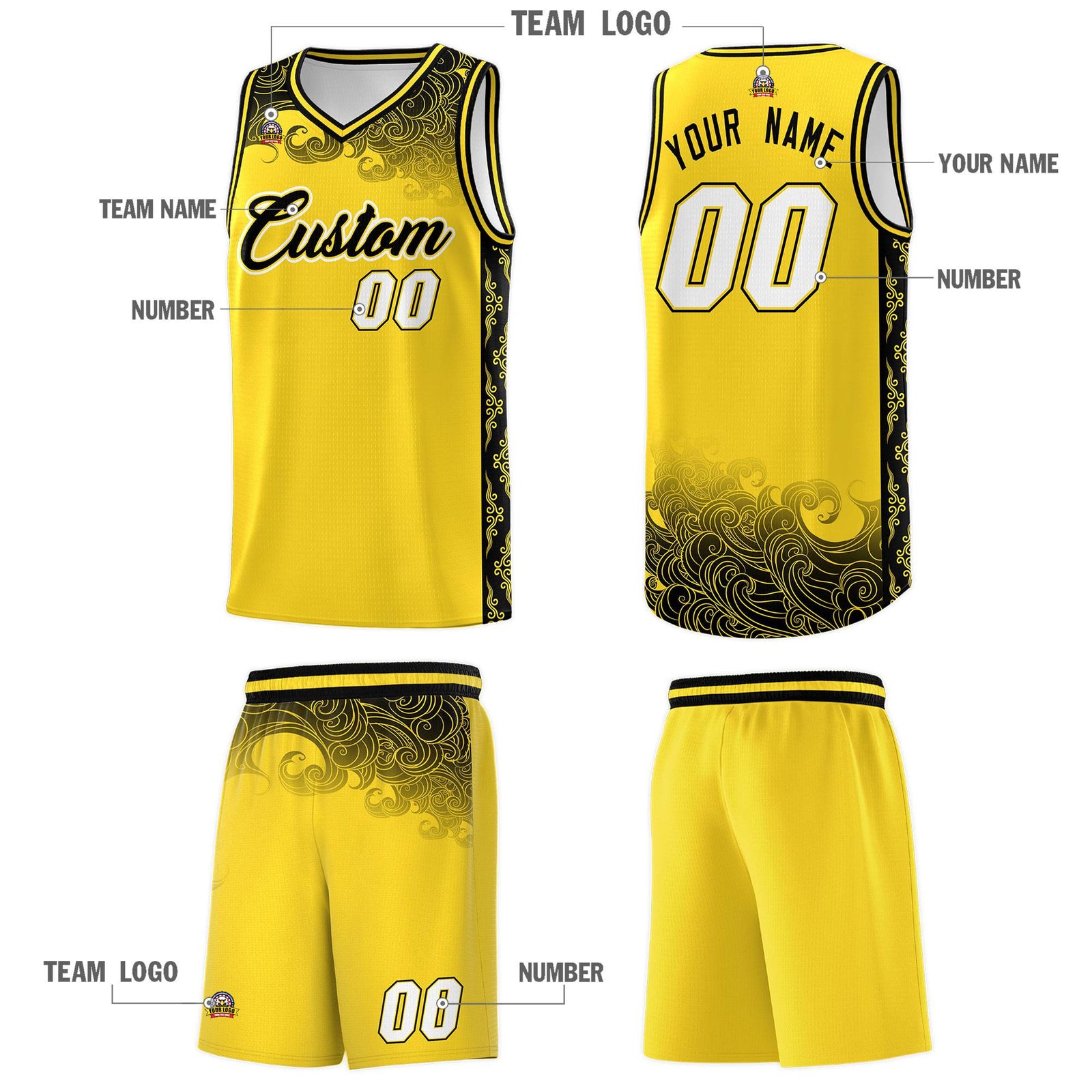 Custom Gold Personalized Cloud Pattern Sports Sets Uniform Basketball Jersey