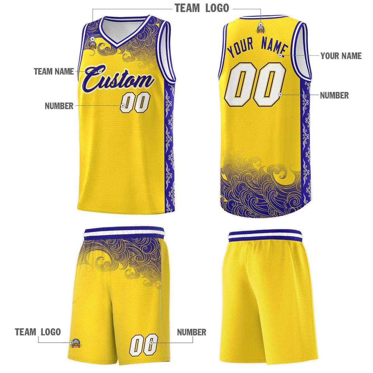 Custom Gold Personalized Cloud Pattern Sports Sets Uniform Basketball Jersey