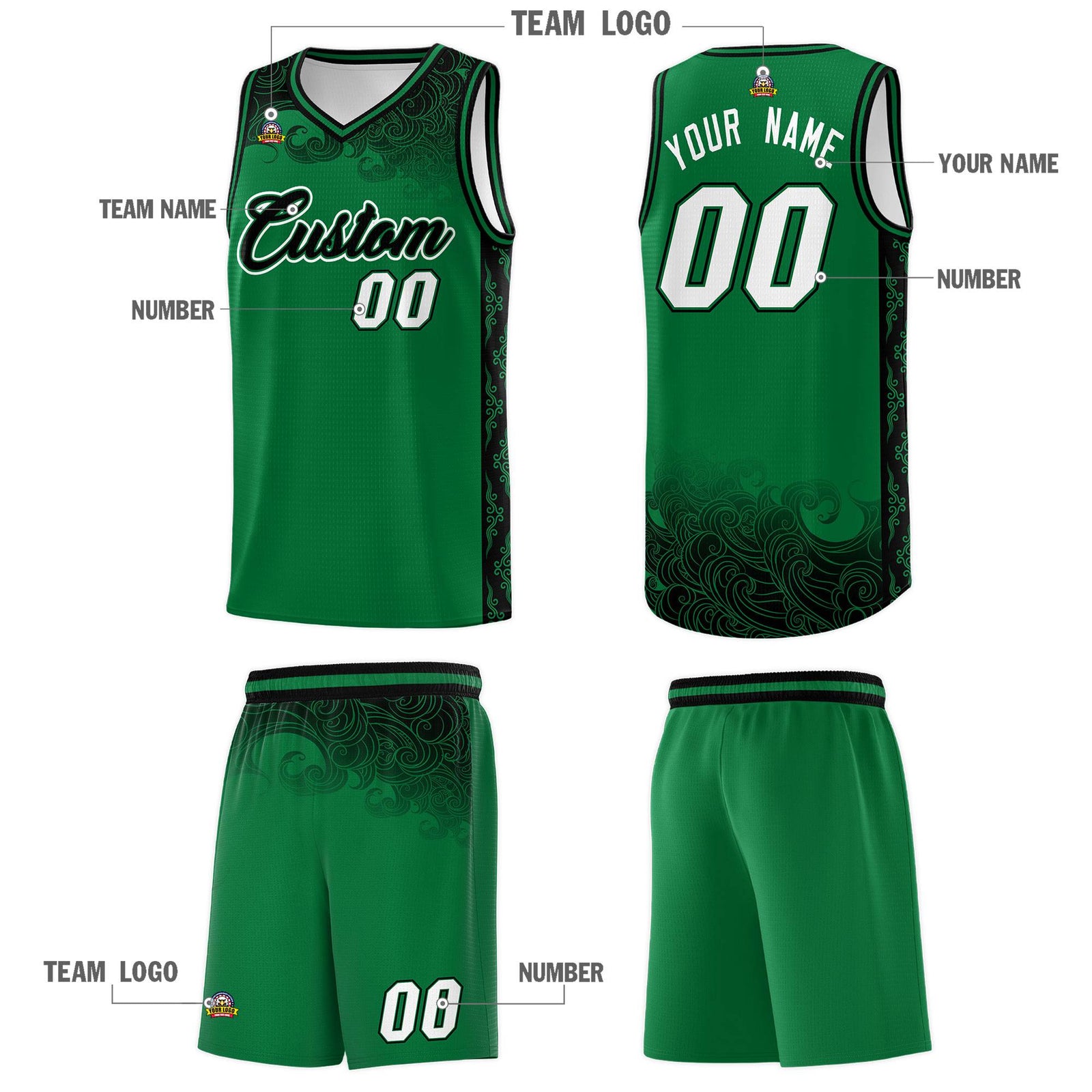 Custom Kelly Green Personalized Cloud Pattern Sports Sets Uniform Basketball Jersey
