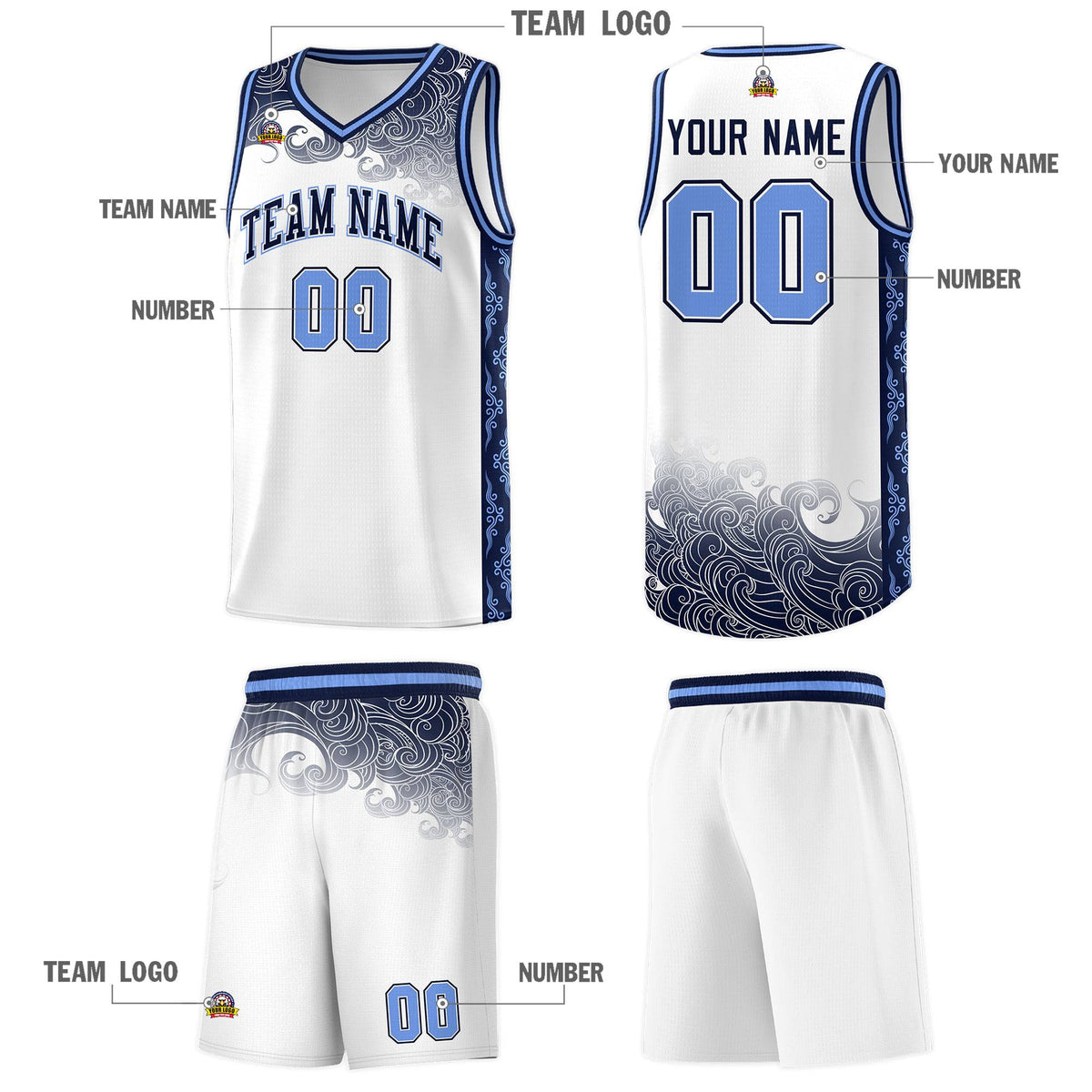 Custom White Personalized Cloud Pattern Sports Sets Uniform Basketball Jersey