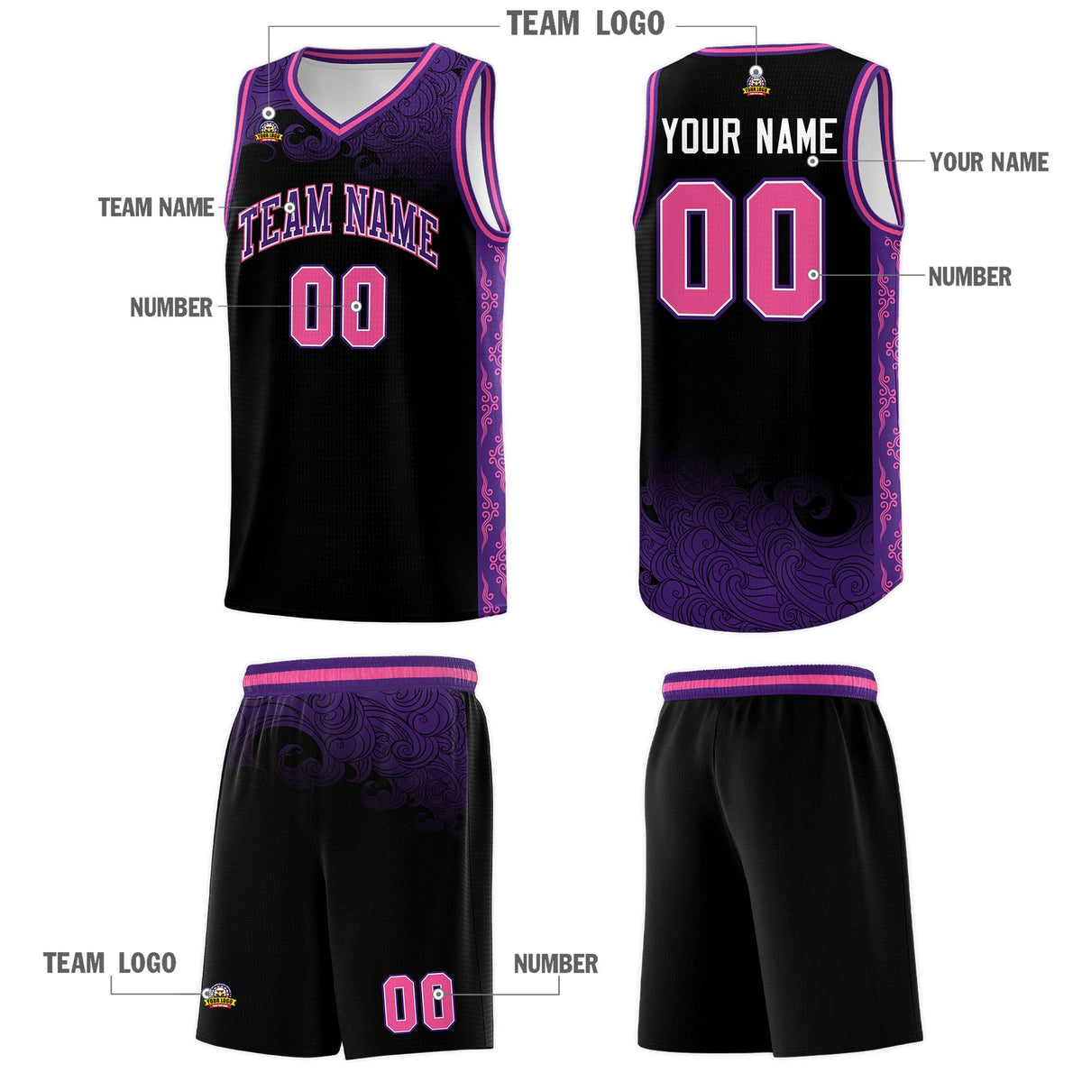 Custom Black Personalized Cloud Pattern Sports Sets Uniform Basketball Jersey