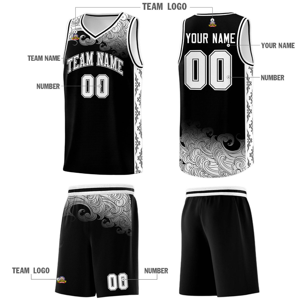 Custom Black Personalized Cloud Pattern Sports Sets Uniform Basketball Jersey