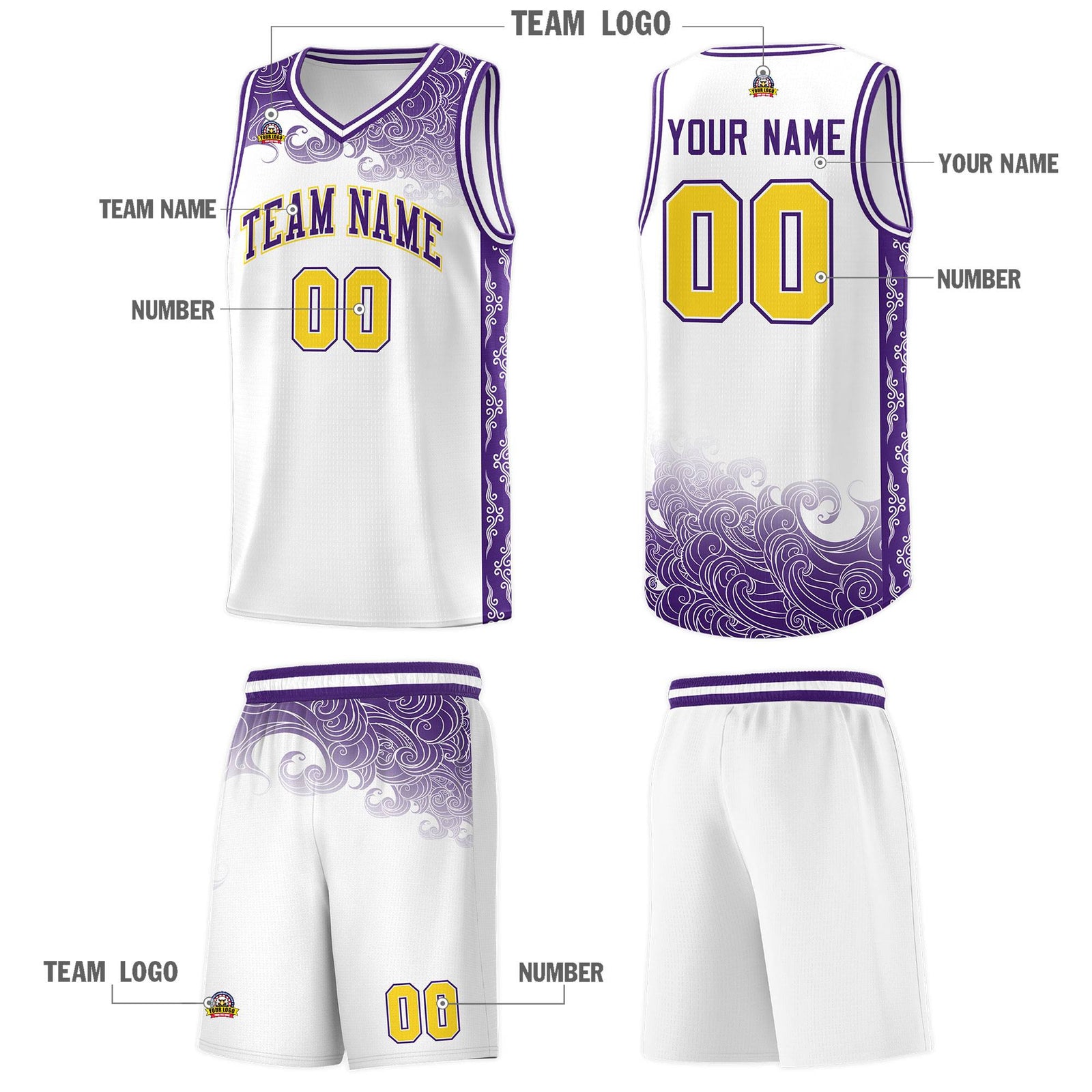 Custom White Personalized Cloud Pattern Sports Sets Uniform Basketball Jersey