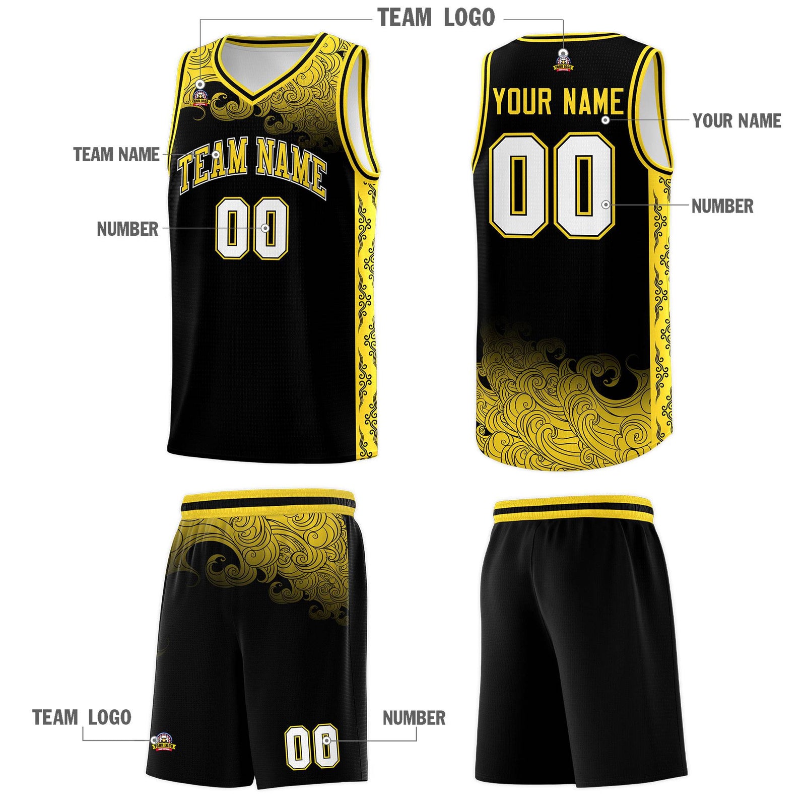 Custom Black Personalized Cloud Pattern Sports Sets Uniform Basketball Jersey
