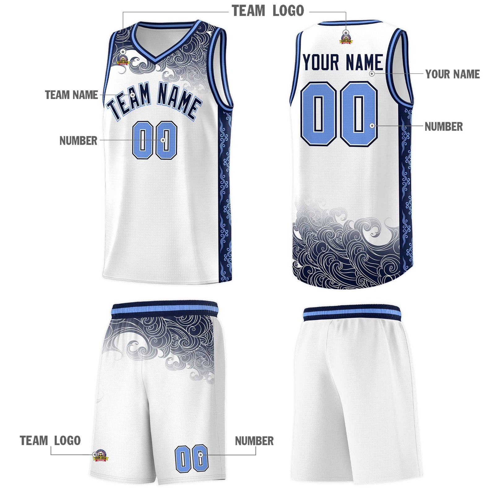 Custom White Personalized Cloud Pattern Sports Sets Uniform Basketball Jersey