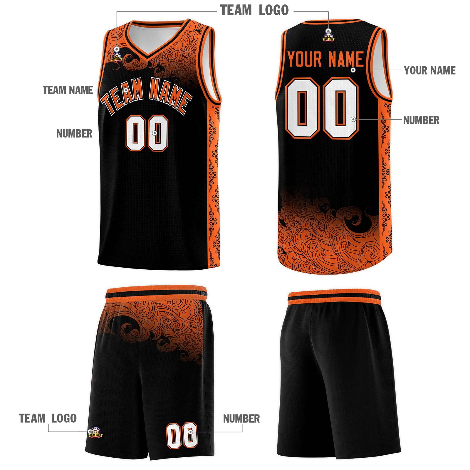 Custom Black Personalized Cloud Pattern Sports Sets Uniform Basketball Jersey
