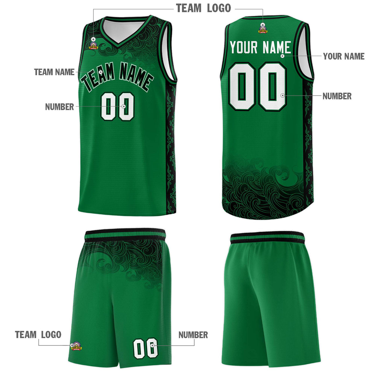 Custom Kelly Green Personalized Cloud Pattern Sports Sets Uniform Basketball Jersey
