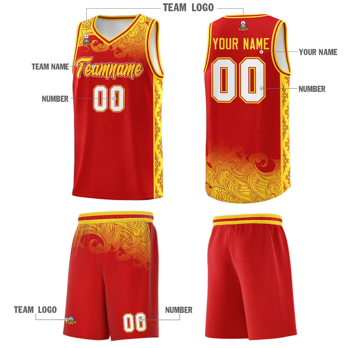 Custom Red Personalized Cloud Pattern Sports Sets Uniform Basketball Jersey