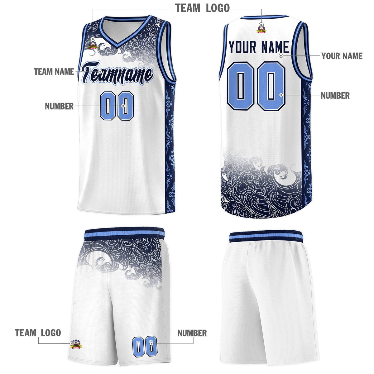 Custom White Personalized Cloud Pattern Sports Sets Uniform Basketball Jersey