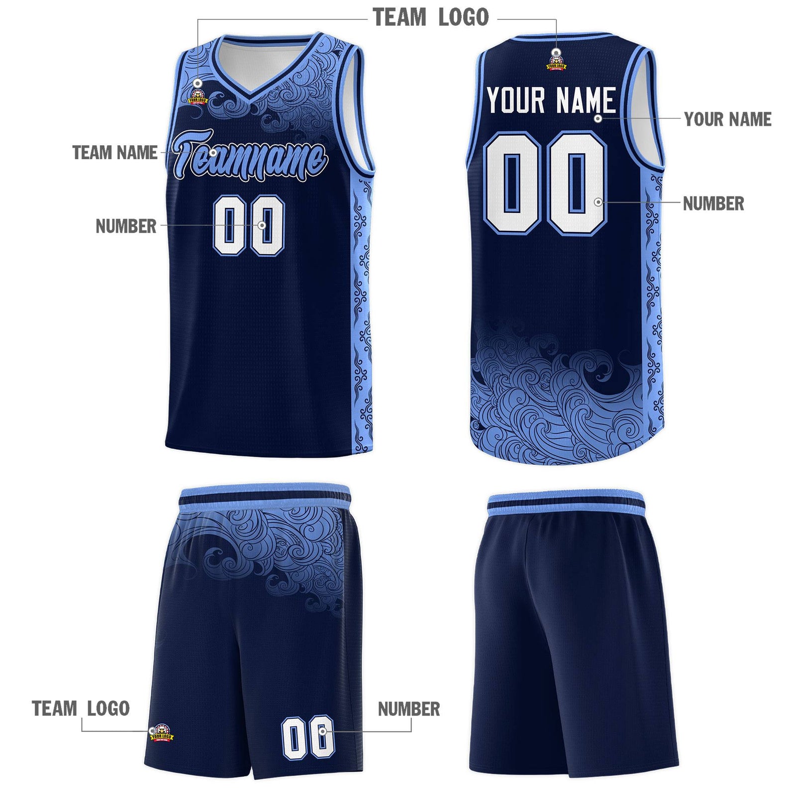 Custom Navy Personalized Cloud Pattern Sports Sets Uniform Basketball Jersey