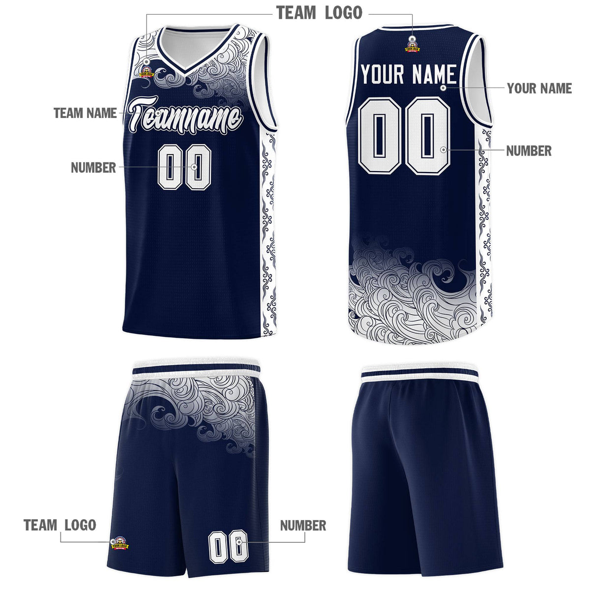 Custom Navy Personalized Cloud Pattern Sports Sets Uniform Basketball Jersey
