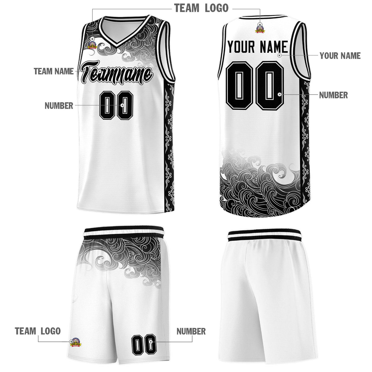 Custom White Personalized Cloud Pattern Sports Sets Uniform Basketball Jersey