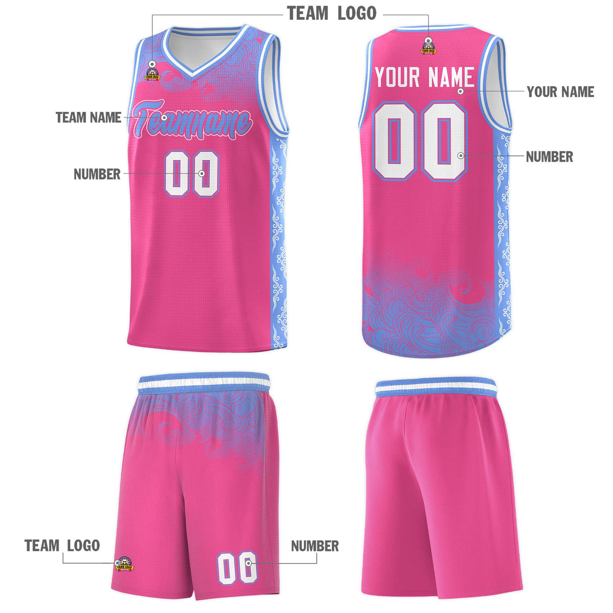Custom Pink Personalized Cloud Pattern Sports Sets Uniform Basketball Jersey