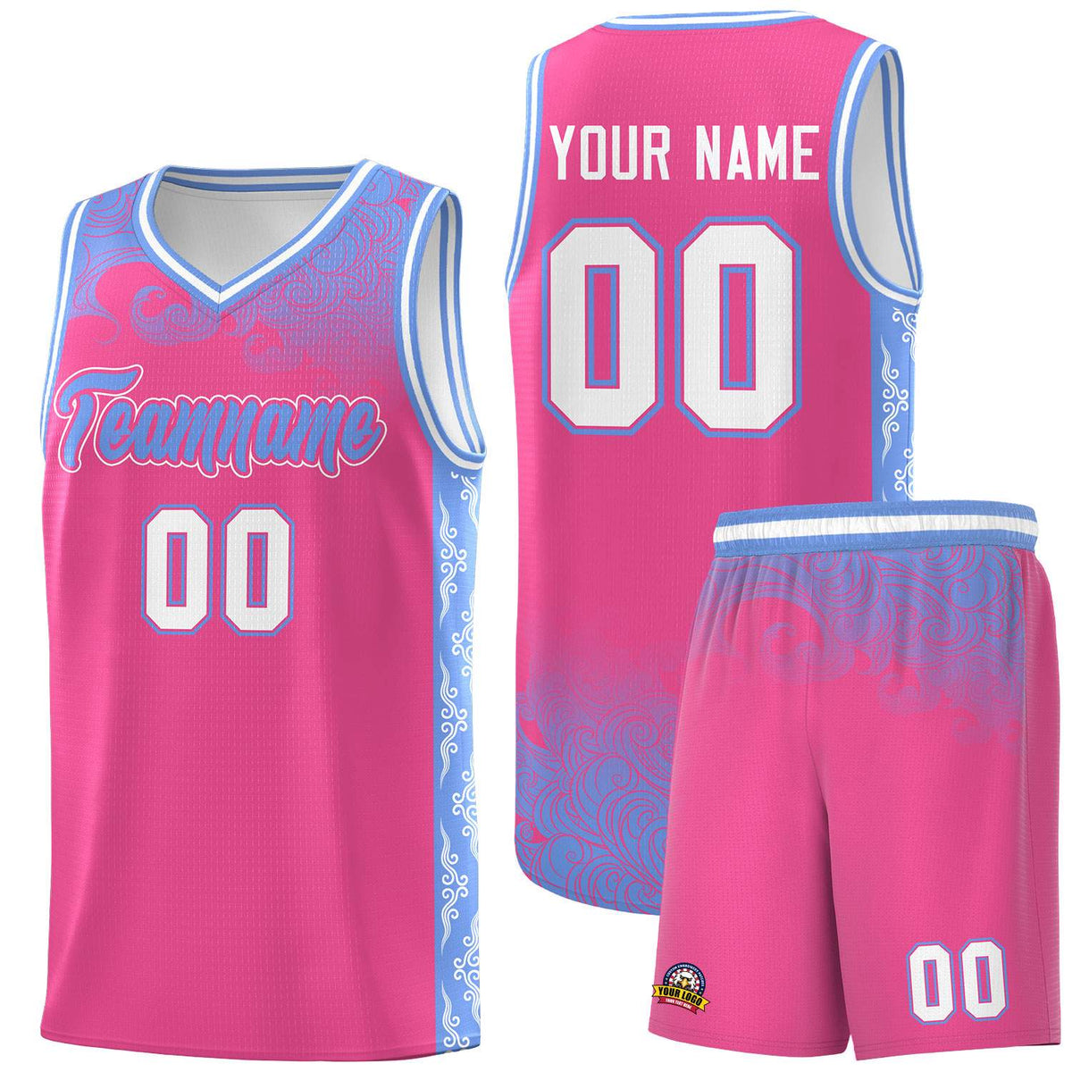 Custom Pink Personalized Cloud Pattern Sports Sets Uniform Basketball Jersey