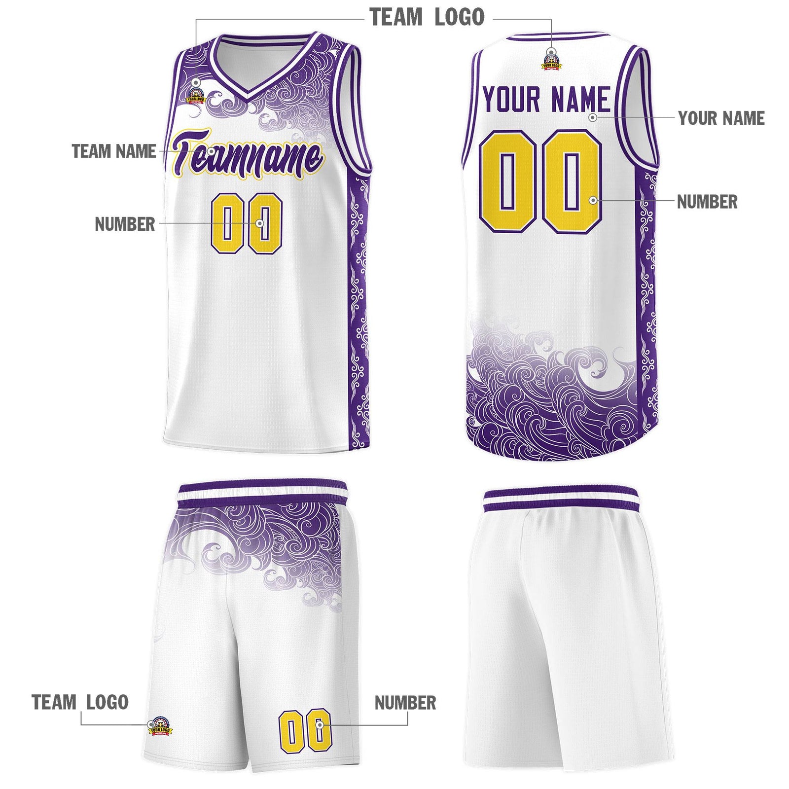 Custom White Personalized Cloud Pattern Sports Sets Uniform Basketball Jersey
