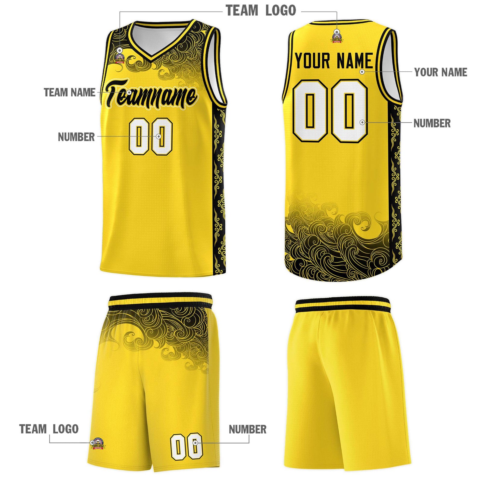 Custom Gold Personalized Cloud Pattern Sports Sets Uniform Basketball Jersey