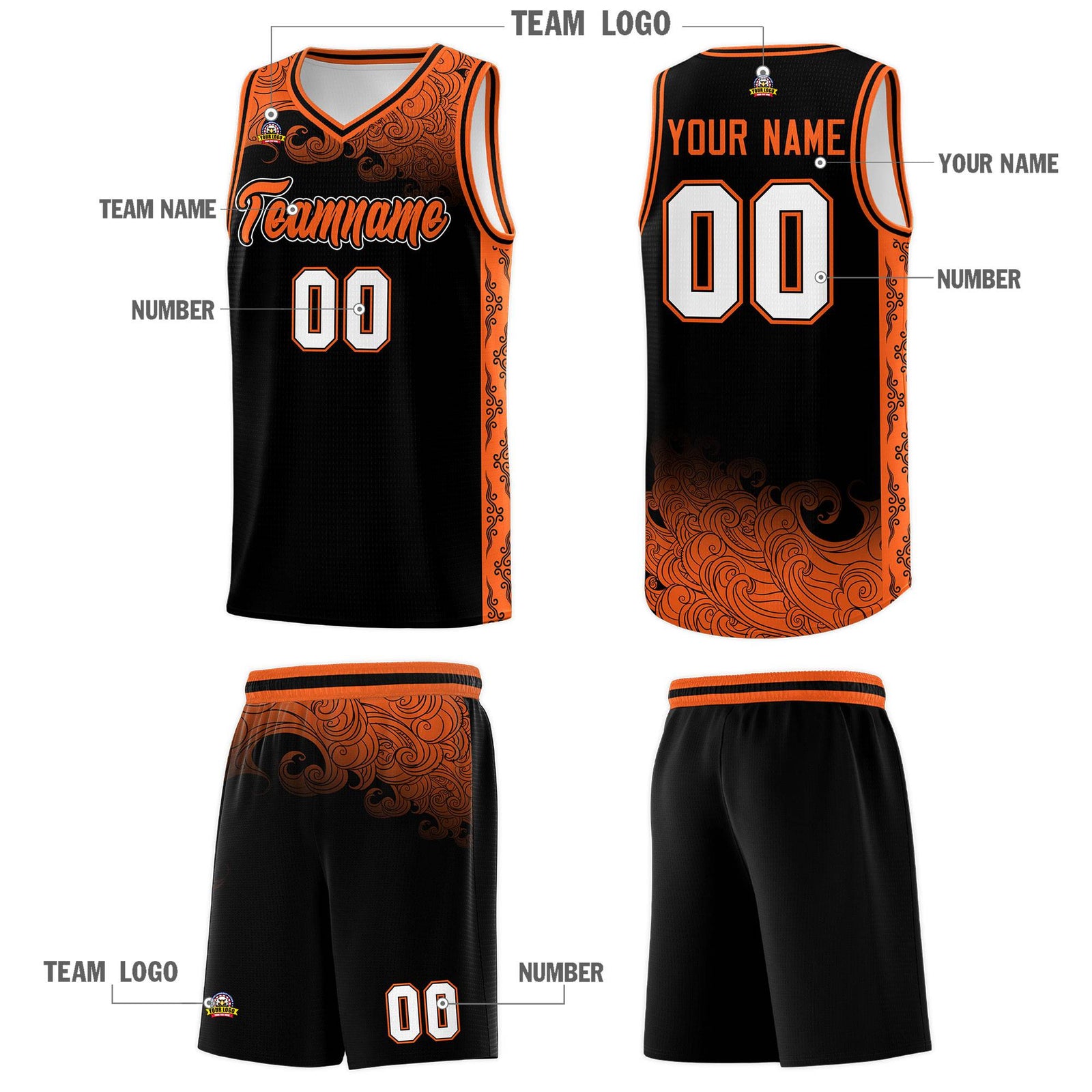 Custom Black Personalized Cloud Pattern Sports Sets Uniform Basketball Jersey