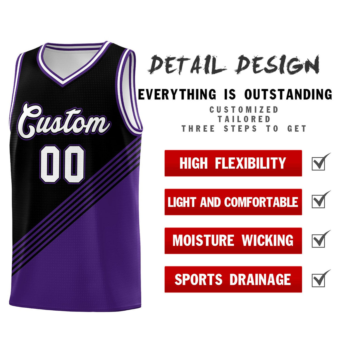 Custom Black Purple White Diagonal Stripes Color Block Sets Basketball Jersey | For Men,For Youth,Sublimation Printed,Perfect for Training,Perfect for Teams | KXKSHOP