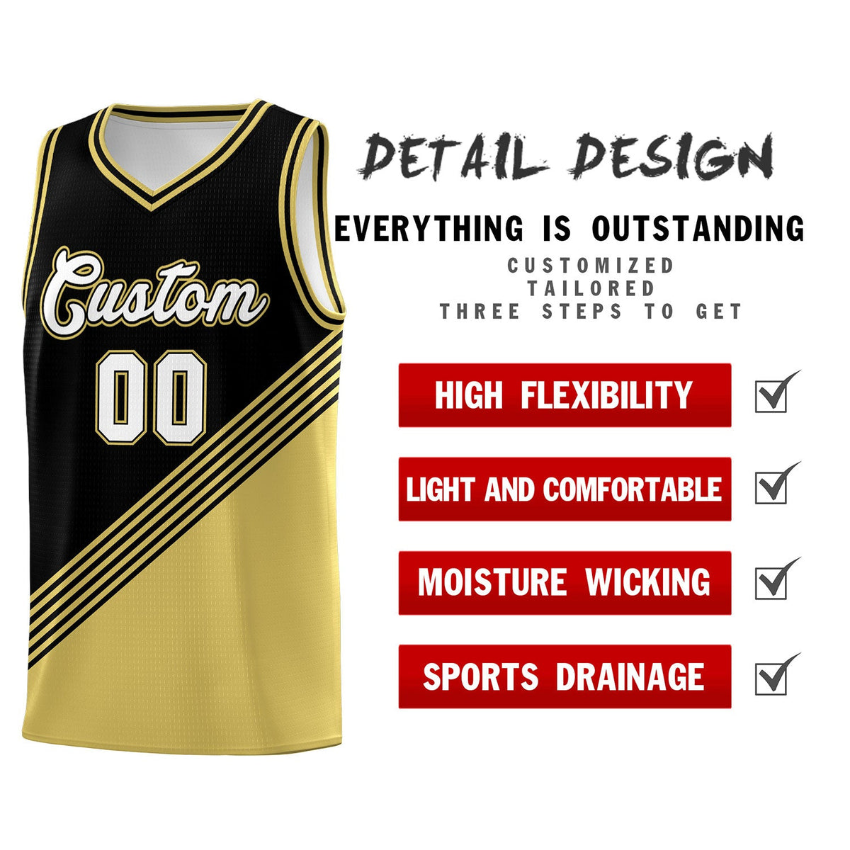 Custom Black Old Gold Diagonal Stripes Color Block Sets Basketball Jersey | For Men,For Youth,Sublimation Printed,Perfect for Training,Perfect for Teams | KXKSHOP