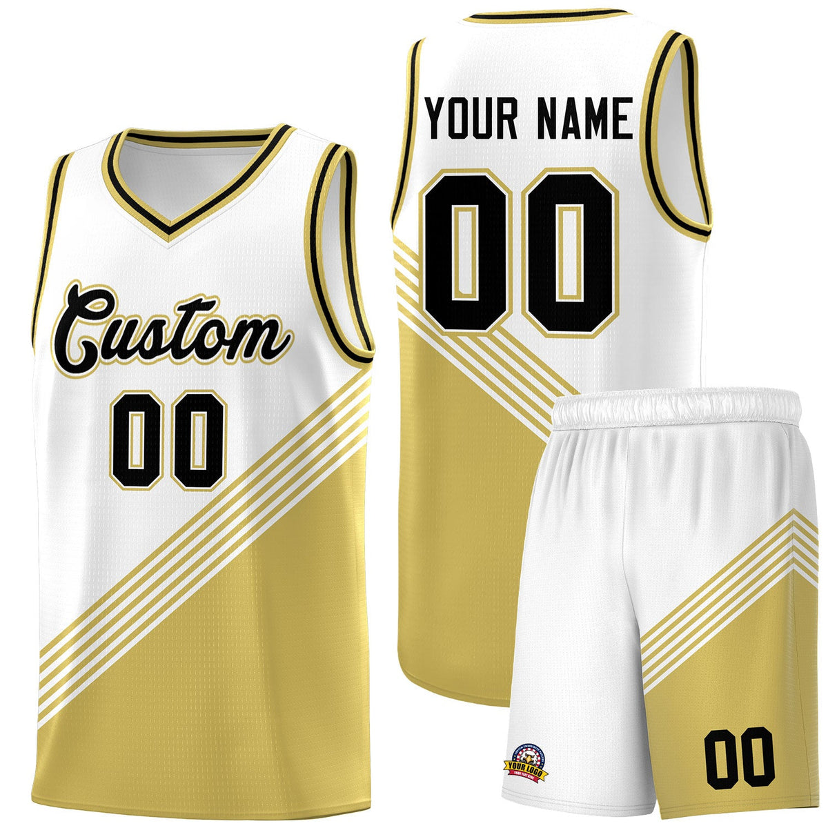 Custom White Old Gold Black Diagonal Stripes Color Block Sets Basketball Jersey | For Men,For Youth,Sublimation Printed,Perfect for Training,Perfect for Teams | KXKSHOP