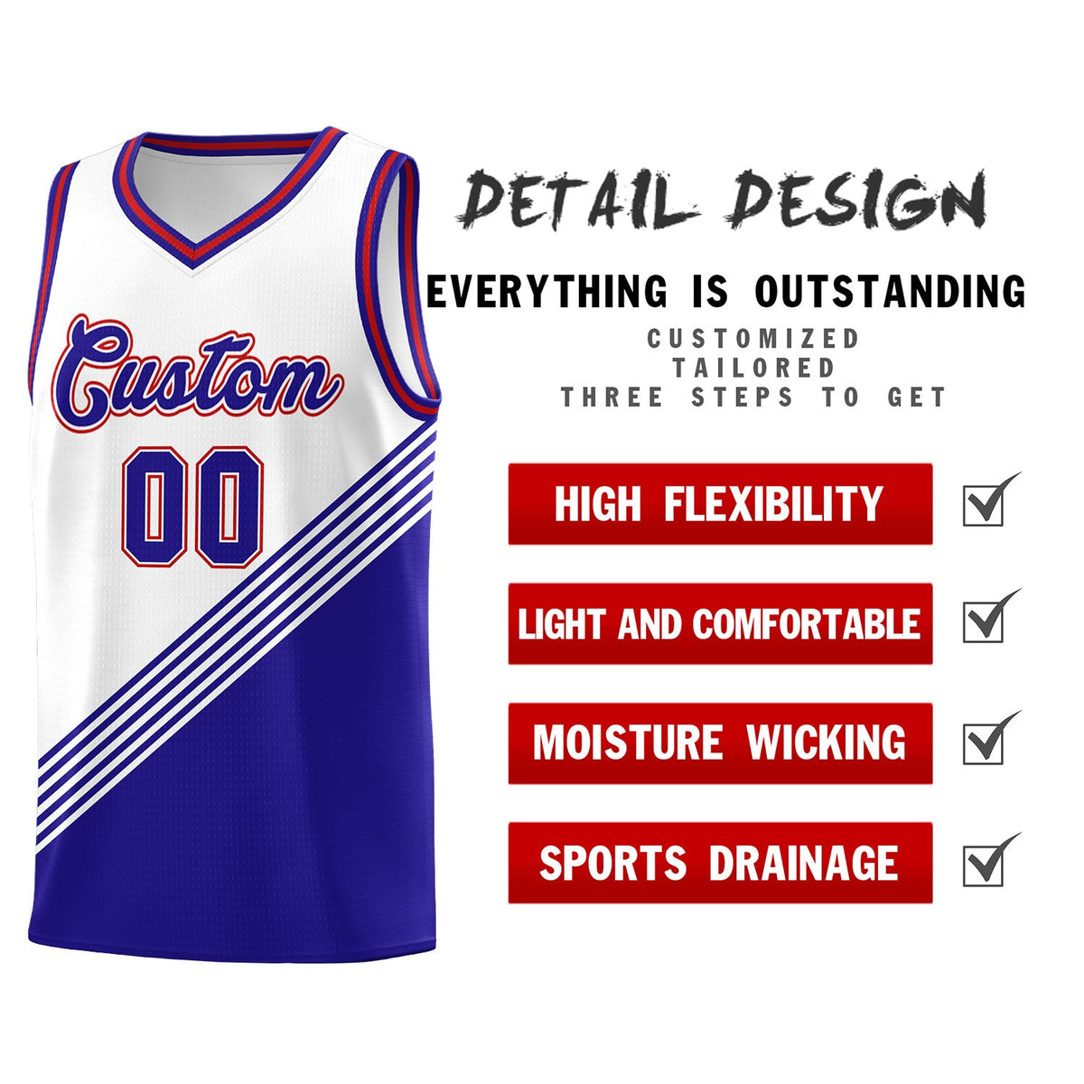 Custom White Royal Blue Red Diagonal Stripes Color Block Sets Basketball Jersey | For Men,For Youth,Sublimation Printed,Perfect for Training,Perfect for Teams | KXKSHOP