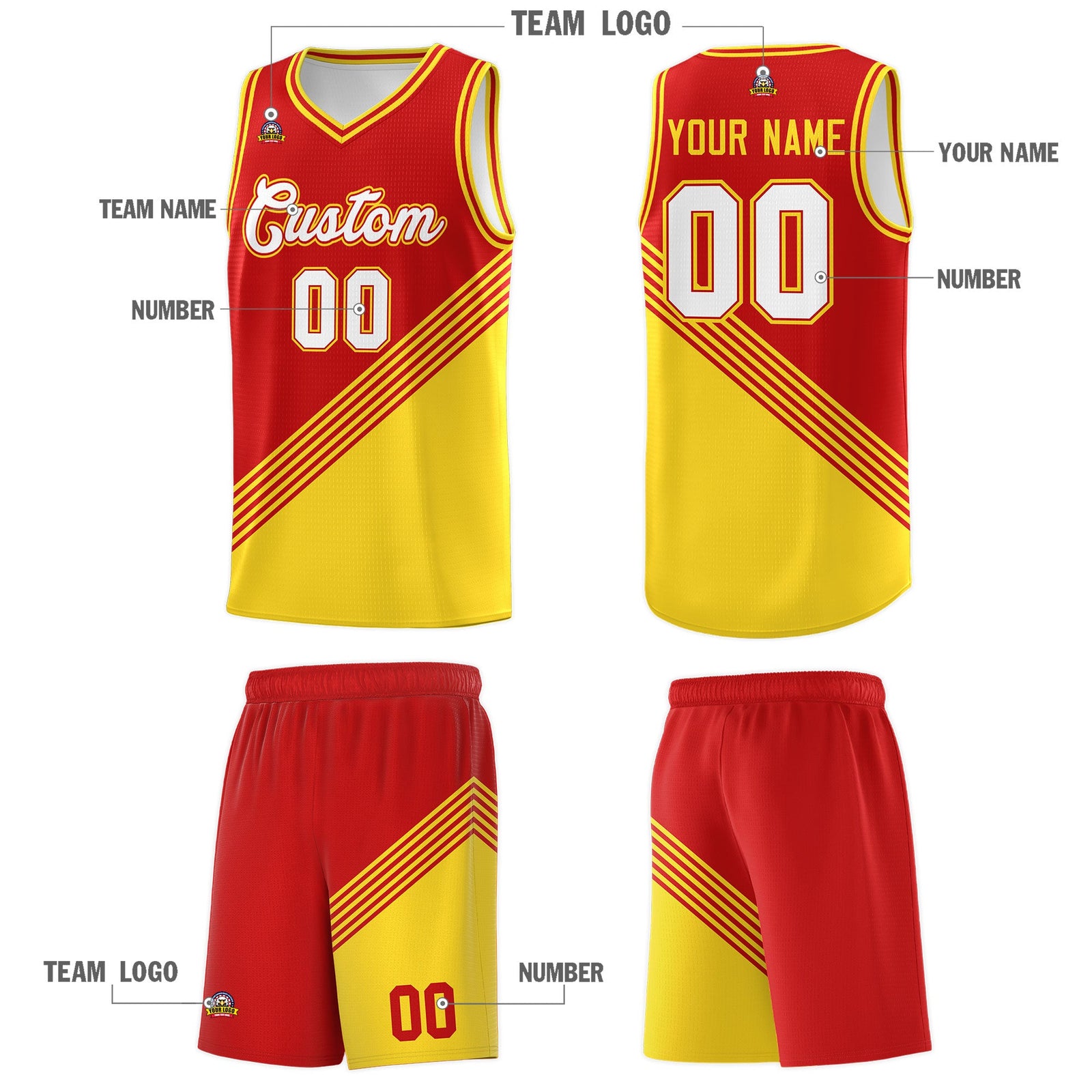 Custom Red Gold Diagonal Stripes Color Block Sets Basketball Jersey | For Men,For Youth,Sublimation Printed,Perfect for Training,Perfect for Teams | KXKSHOP