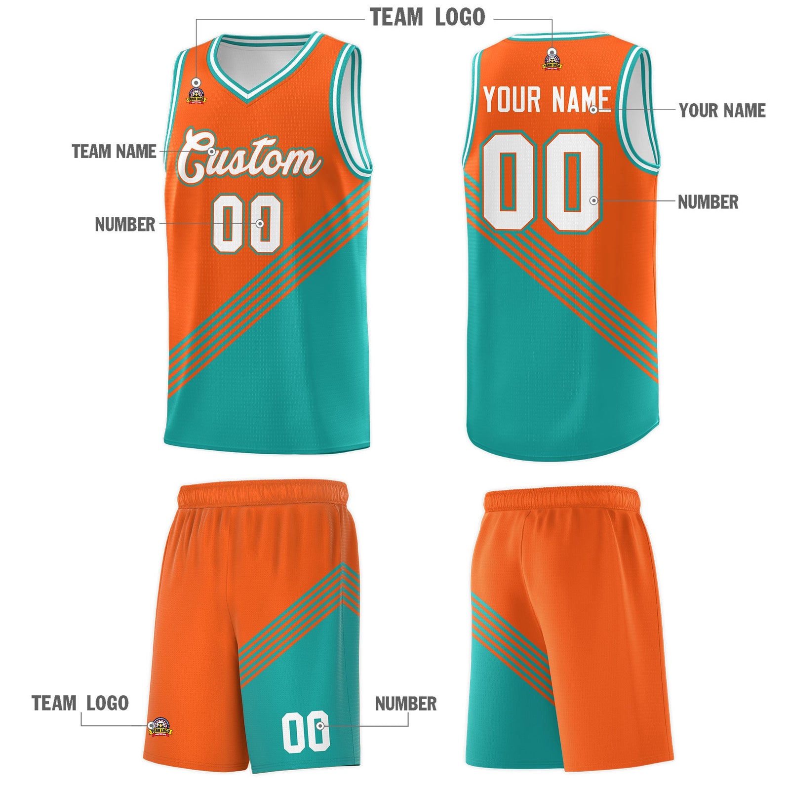 Custom Orange Aqua White Diagonal Stripes Color Block Sets Basketball Jersey | For Men,For Youth,Sublimation Printed,Perfect for Training,Perfect for Teams | KXKSHOP