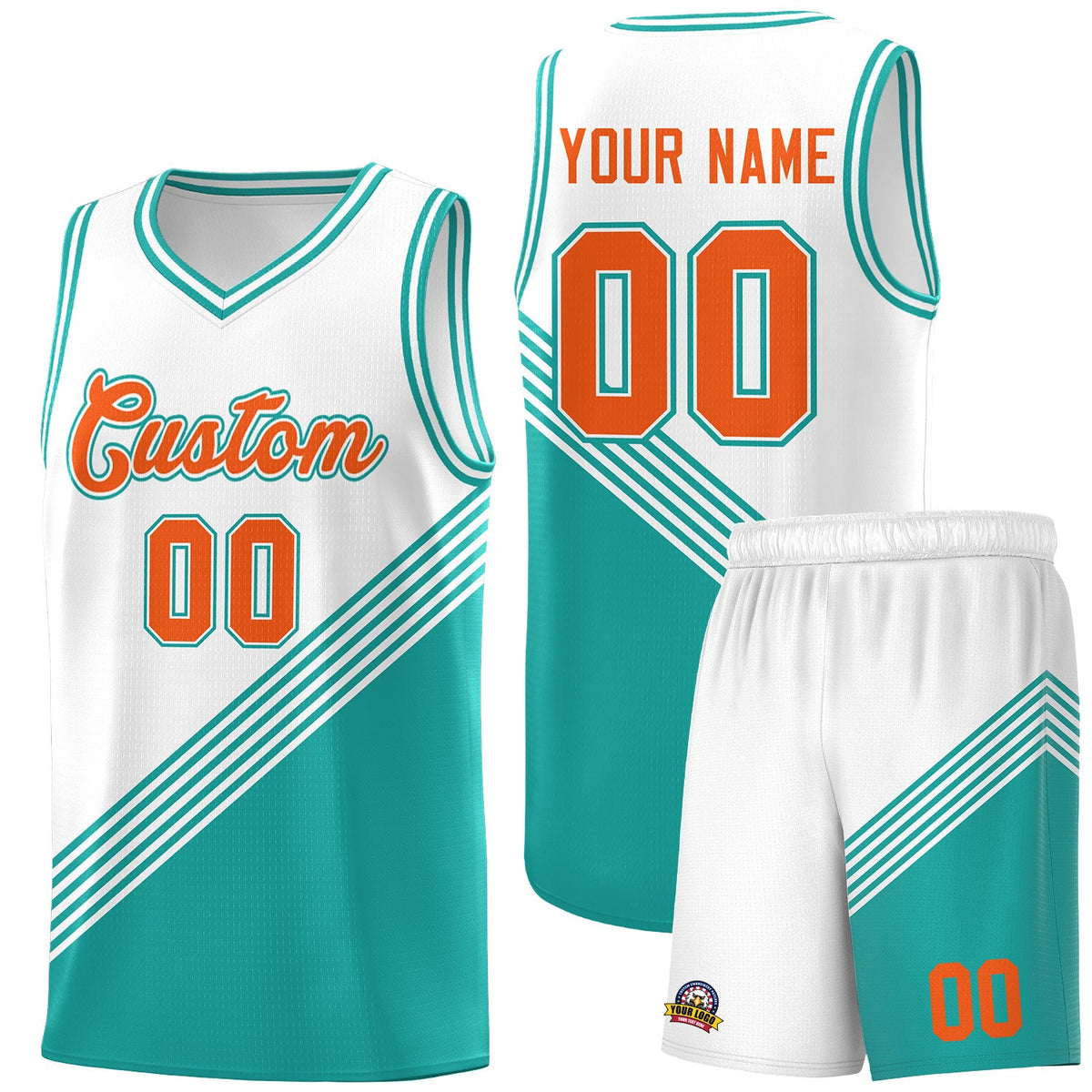 Custom White Aqua Diagonal Stripes Color Block Sets Basketball Jersey | For Men,For Youth,Sublimation Printed,Perfect for Training,Perfect for Teams | KXKSHOP