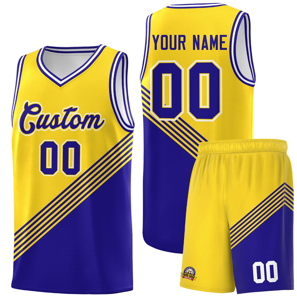 Custom Gold Royal Blue White Diagonal Stripes Color Block Sets Basketball Jersey | For Men,For Youth,Sublimation Printed,Perfect for Training,Perfect for Teams | KXKSHOP