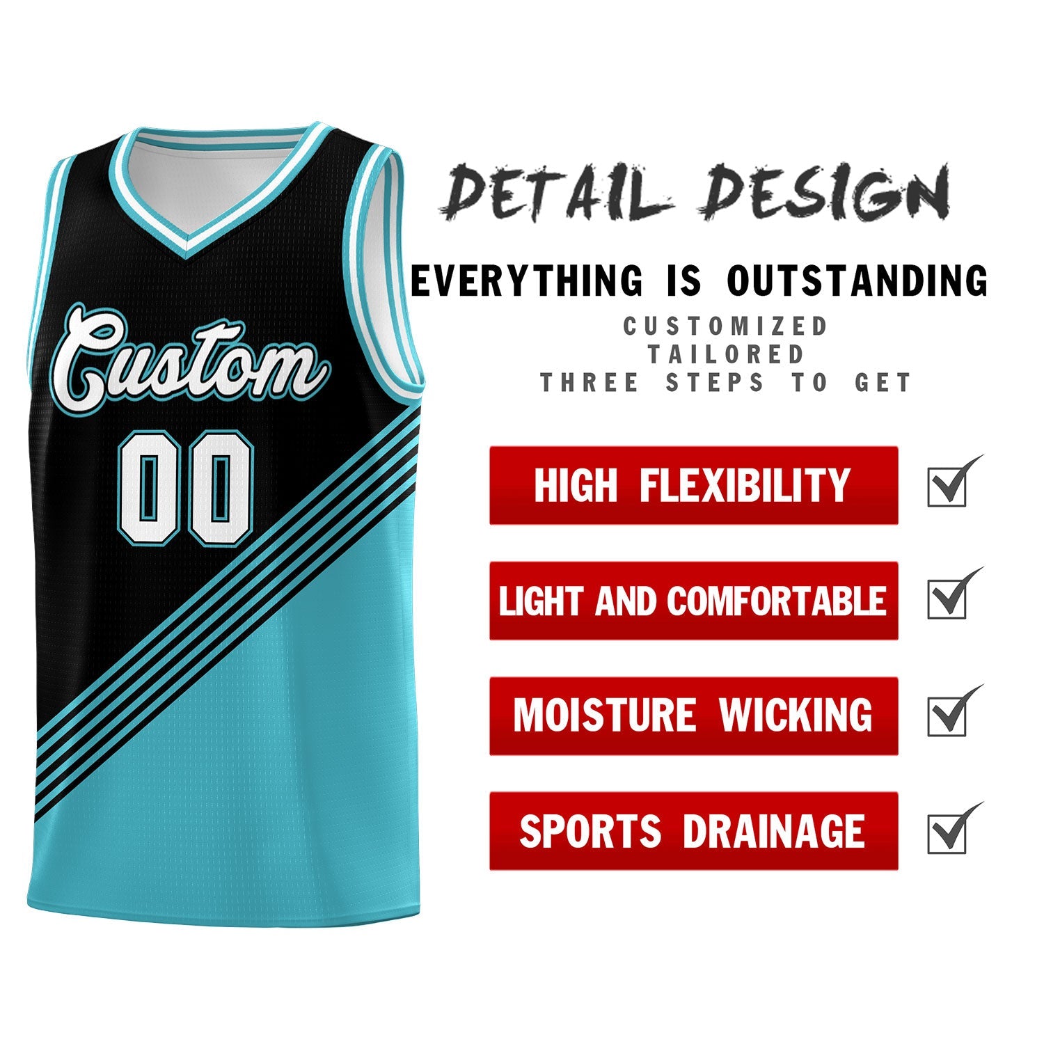Custom Black Sky Blue White Diagonal Stripes Color Block Sets Basketball Jersey | For Men,For Youth,Sublimation Printed,Perfect for Training,Perfect for Teams | KXKSHOP