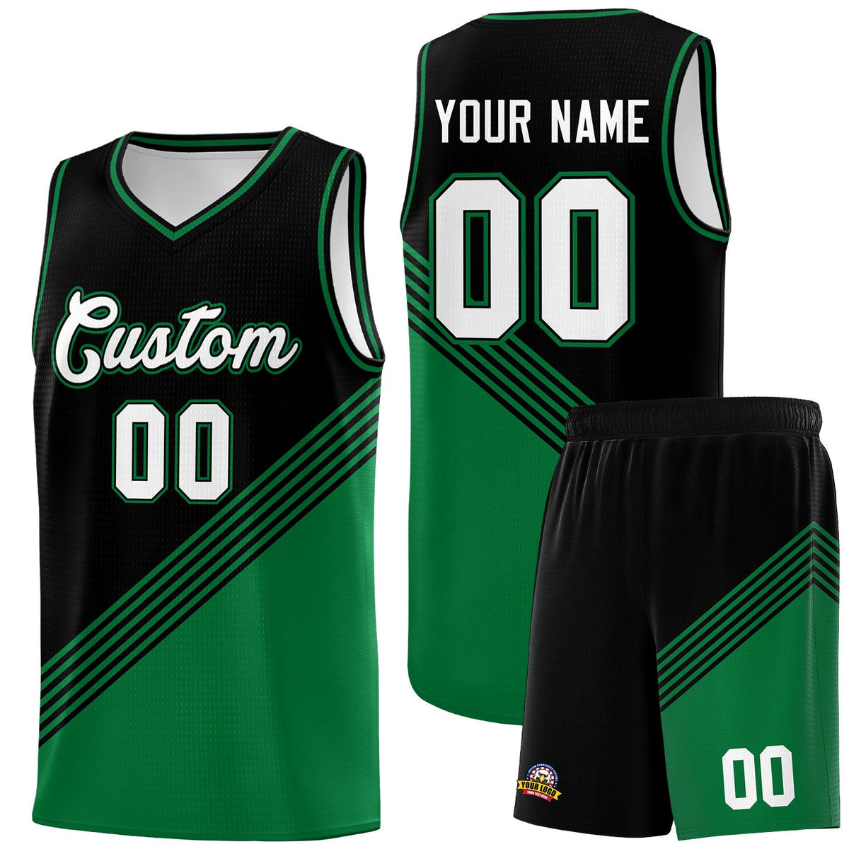 Custom Black Kelly Green Diagonal Stripes Color Block Sets Basketball Jersey | For Men,For Youth,Sublimation Printed,Perfect for Training,Perfect for Teams | KXKSHOP